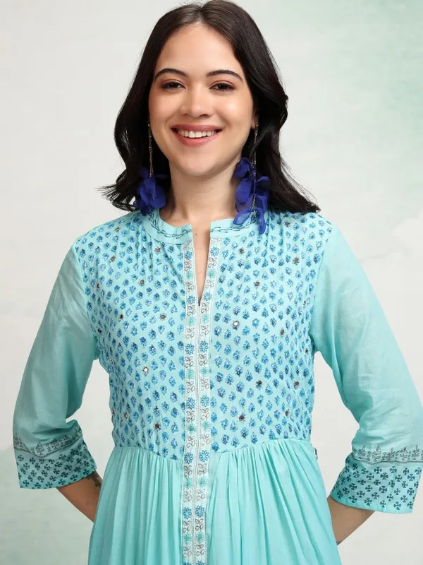 Vishudh Women Blue A-Line Embroidered Dress