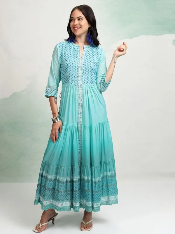 Vishudh Women Blue A-Line Embroidered Dress