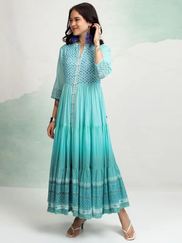 Vishudh Women Blue A-Line Embroidered Dress