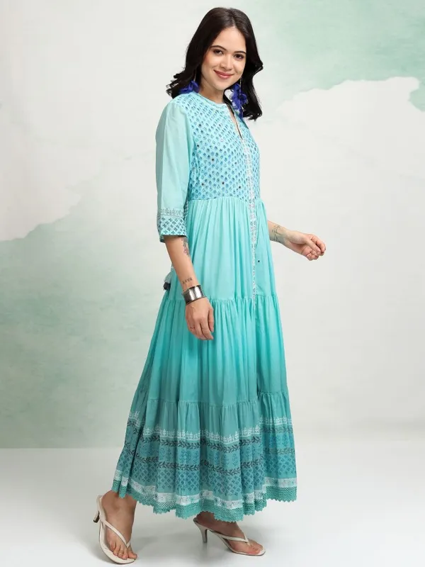 Vishudh Women Blue A-Line Embroidered Dress