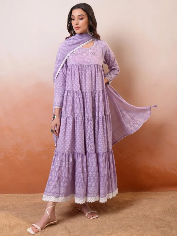 Vishudh Women Lavender Embroidered Drop-Waist Dress