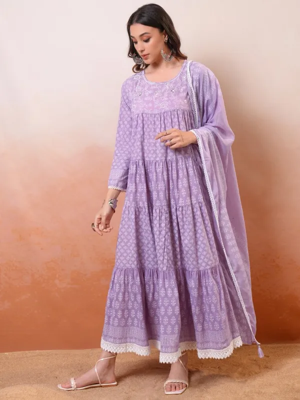 Vishudh Women Lavender Embroidered Drop-Waist Dress