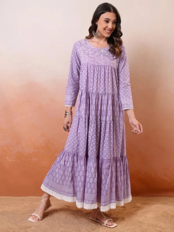 Vishudh Women Lavender Embroidered Drop-Waist Dress
