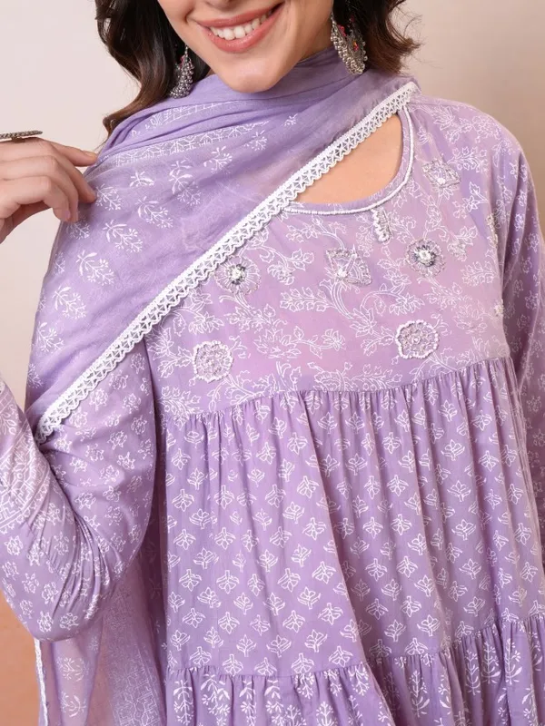 Vishudh Women Lavender Embroidered Drop-Waist Dress