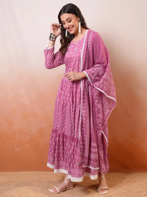 Vishudh Women Mauve Embroidered Maxi Dress