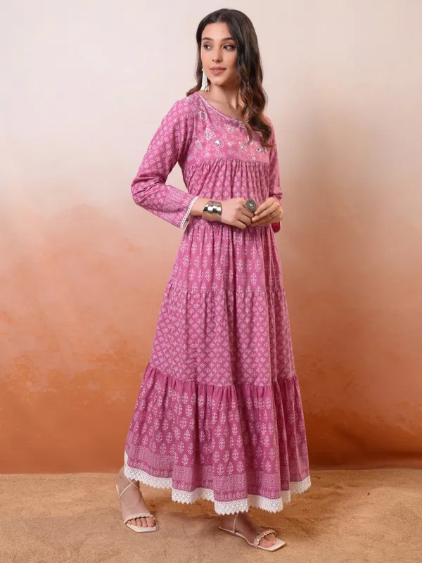 Vishudh Women Mauve Embroidered Maxi Dress