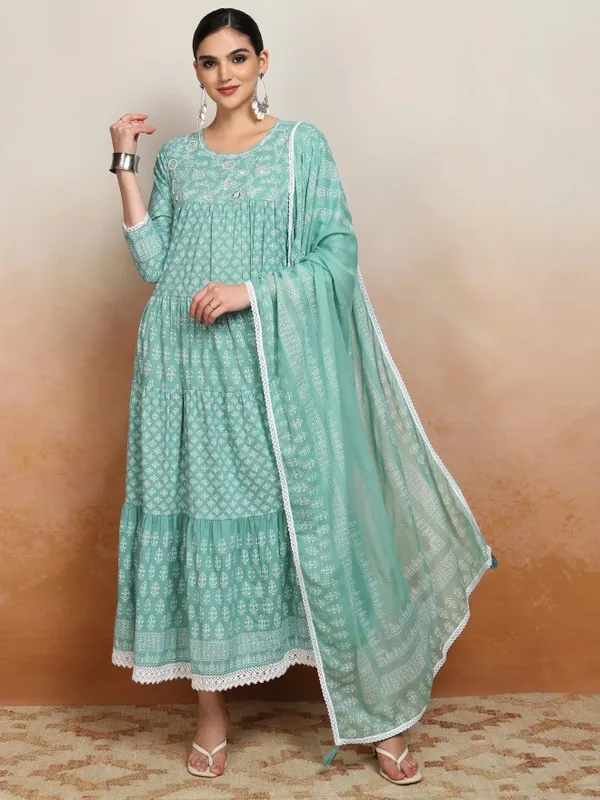 Vishudh Women Green Embroidered Maxi Dress