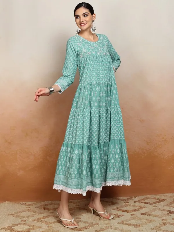 Vishudh Women Green Embroidered Maxi Dress