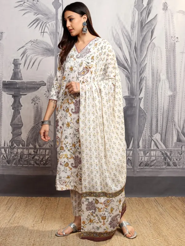 Vishudh Women Yellow Printed Kurta With Trousers And Dupatta