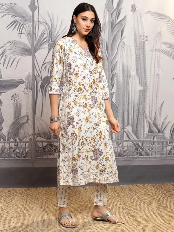 Vishudh Women Yellow Printed Kurta With Trousers And Dupatta