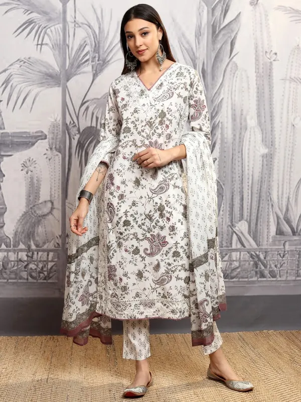 Vishudh Women Grey Printed Kurta With Trousers And Dupatta
