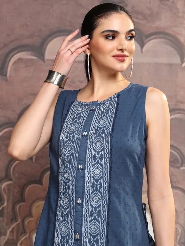 Vishudh Women Blue Embroidered A-Line Dress