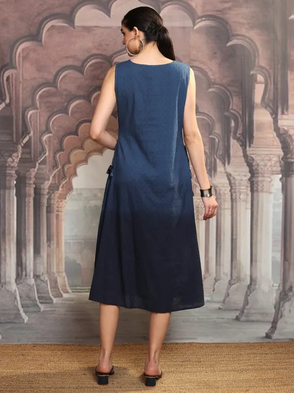 Vishudh Women Blue Embroidered A-Line Dress