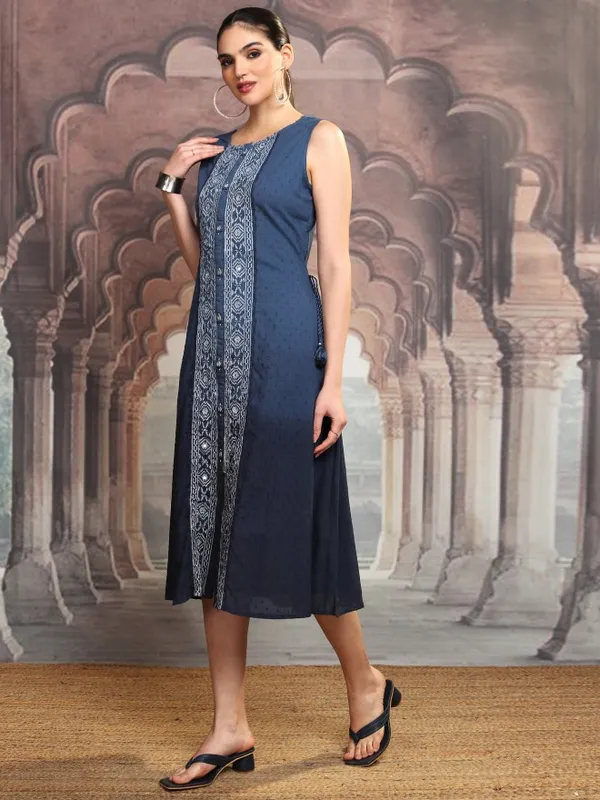 Vishudh Women Blue Embroidered A-Line Dress