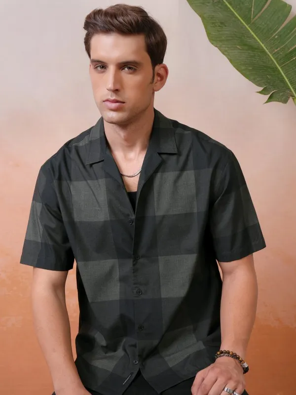 Locomotive Premium Men Olive Melange Printed Checked Cuban Collar Oversized Shirt