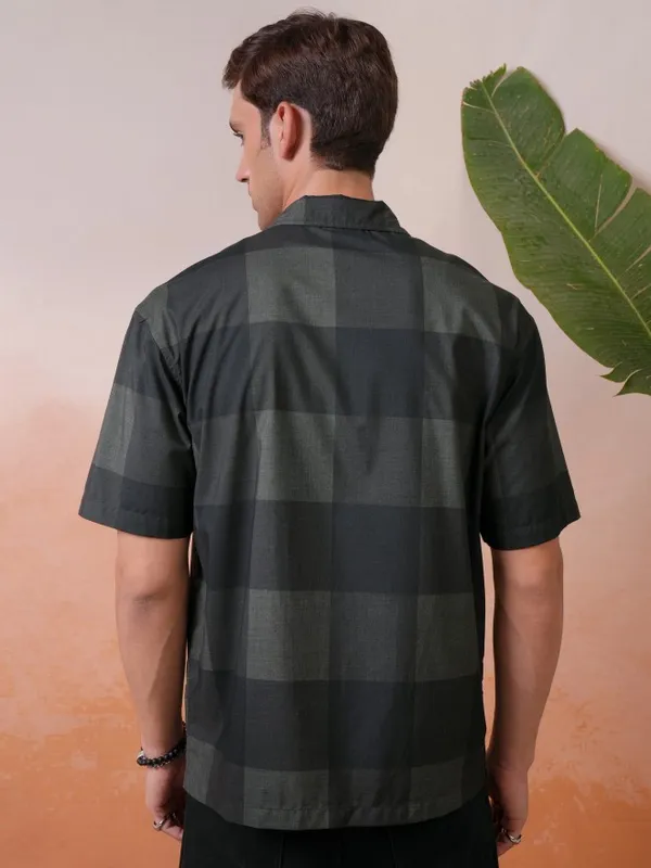 Locomotive Premium Men Olive Melange Printed Checked Cuban Collar Oversized Shirt