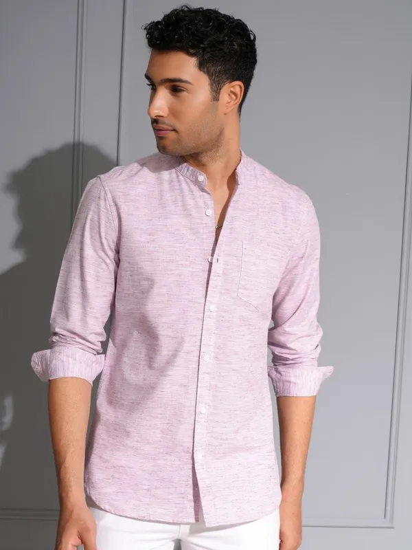 Locomotive Men Premium Purple Solid Slub Mandrain Collar Casual Shirt