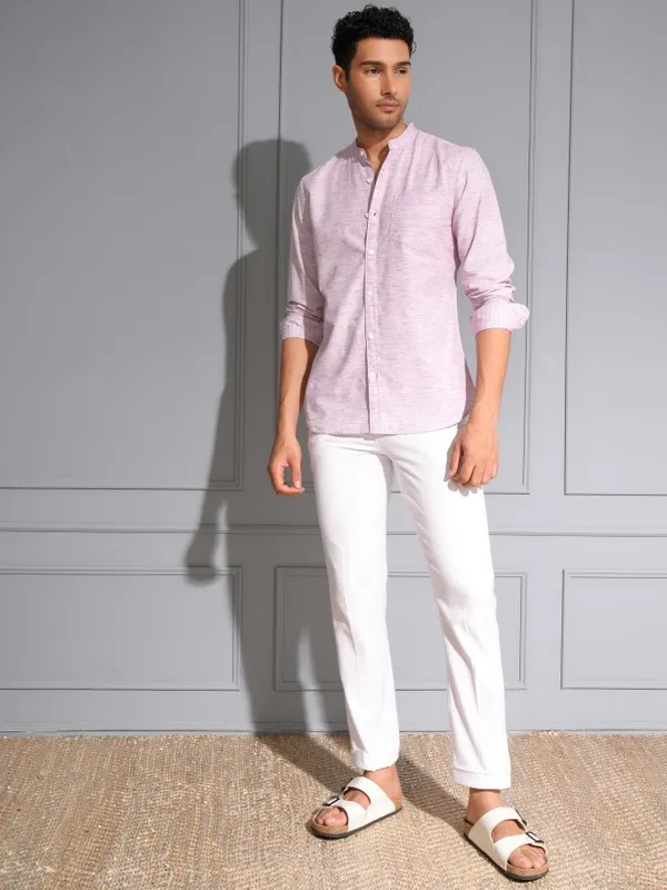 Locomotive Men Premium Purple Solid Slub Mandrain Collar Casual Shirt