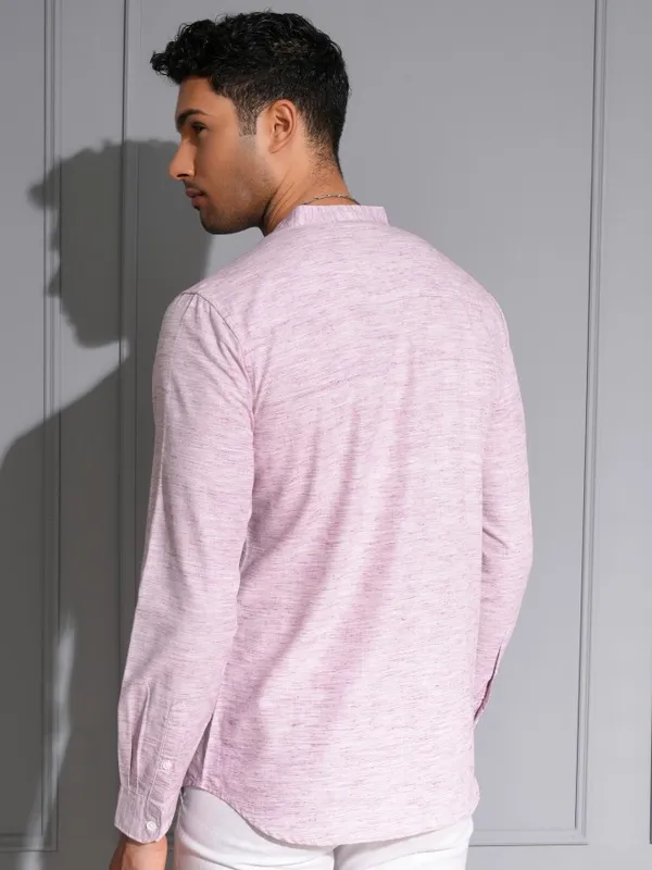 Locomotive Men Premium Purple Solid Slub Mandrain Collar Casual Shirt