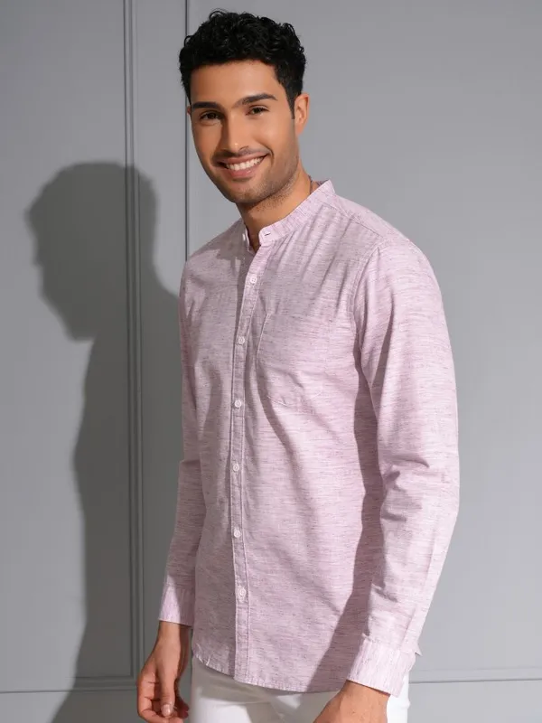 Locomotive Men Premium Purple Solid Slub Mandrain Collar Casual Shirt