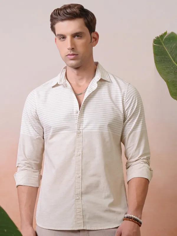 Locomotive Premium Men Fawn Engineered Striped Causal Shirt