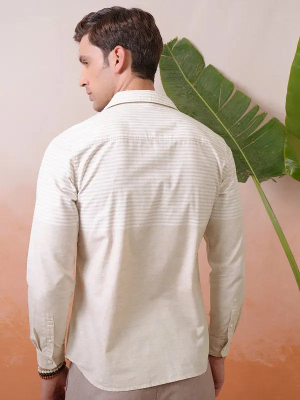 Locomotive Premium Men Fawn Engineered Striped Causal Shirt