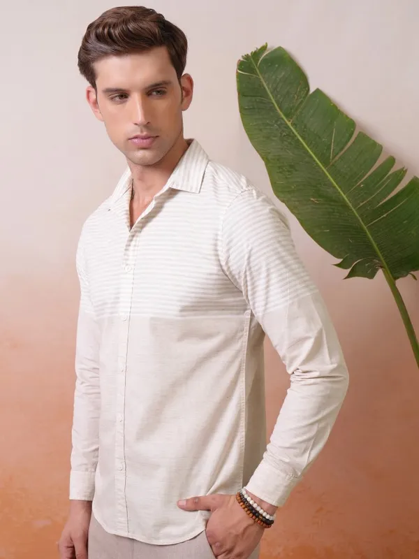 Locomotive Premium Men Fawn Engineered Striped Causal Shirt