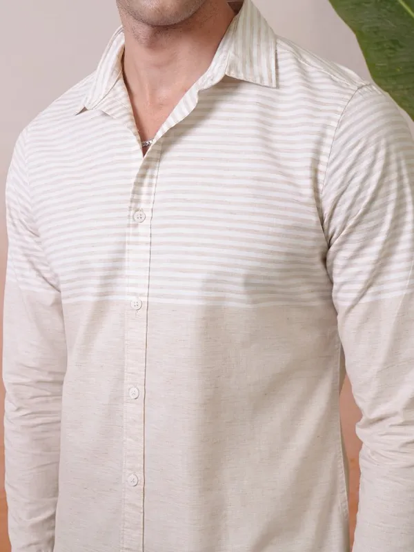 Locomotive Premium Men Fawn Engineered Striped Causal Shirt