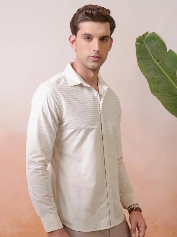 Locomotive Premium Men Fawn Engineered Striped Causal Shirt