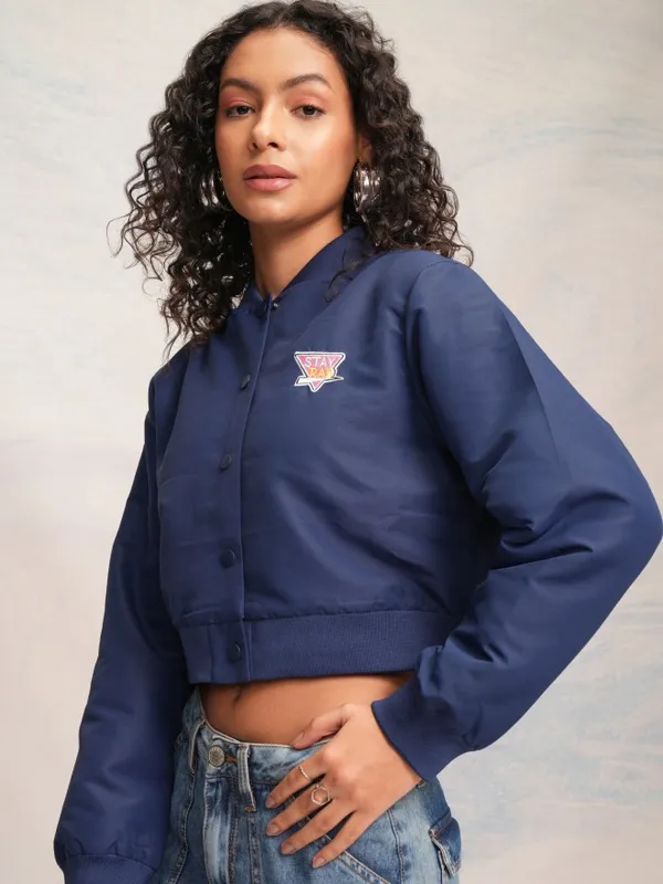 Tokyo Talkies Women Navy Blue Varsity Jacket