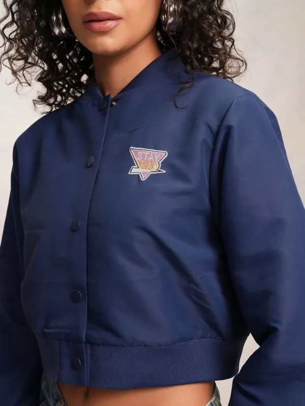 Tokyo Talkies Women Navy Blue Varsity Jacket