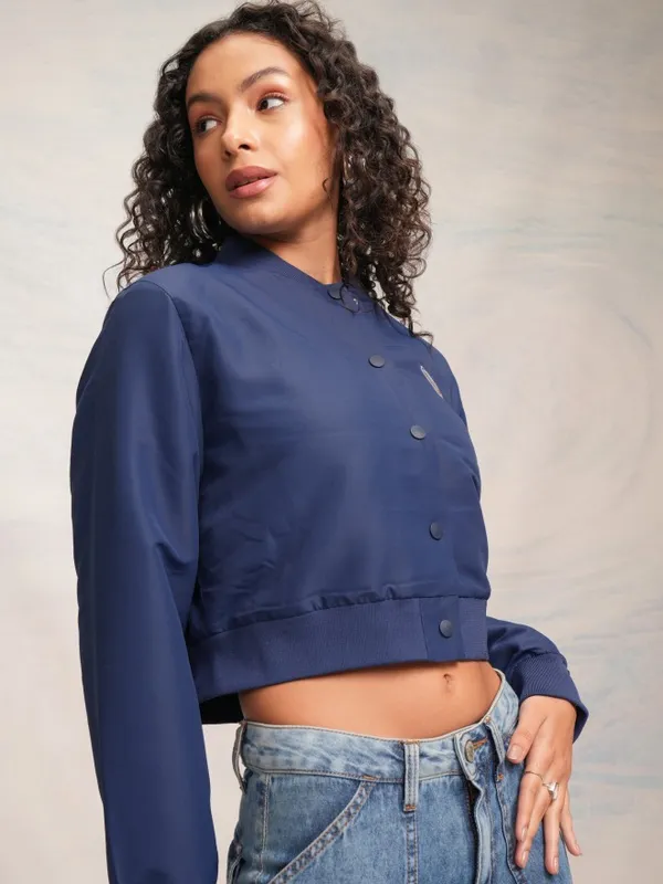 Tokyo Talkies Women Navy Blue Varsity Jacket