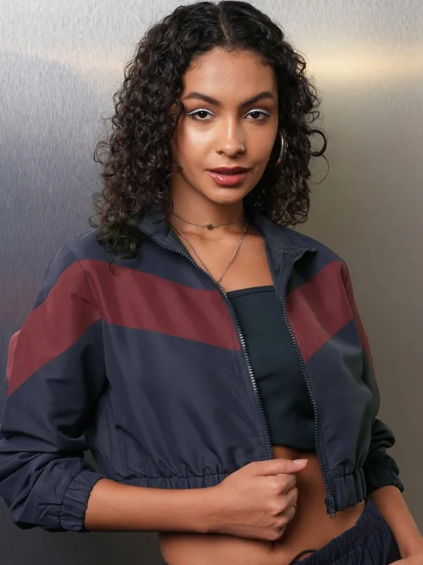 Tokyo Talkies Women Navy Blue Bomber Jacket