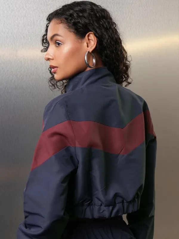 Tokyo Talkies Women Navy Blue Bomber Jacket