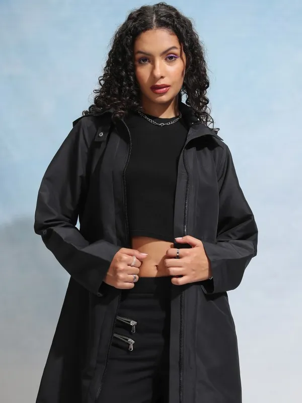 Tokyo Talkies Women Black Open Front Jacket