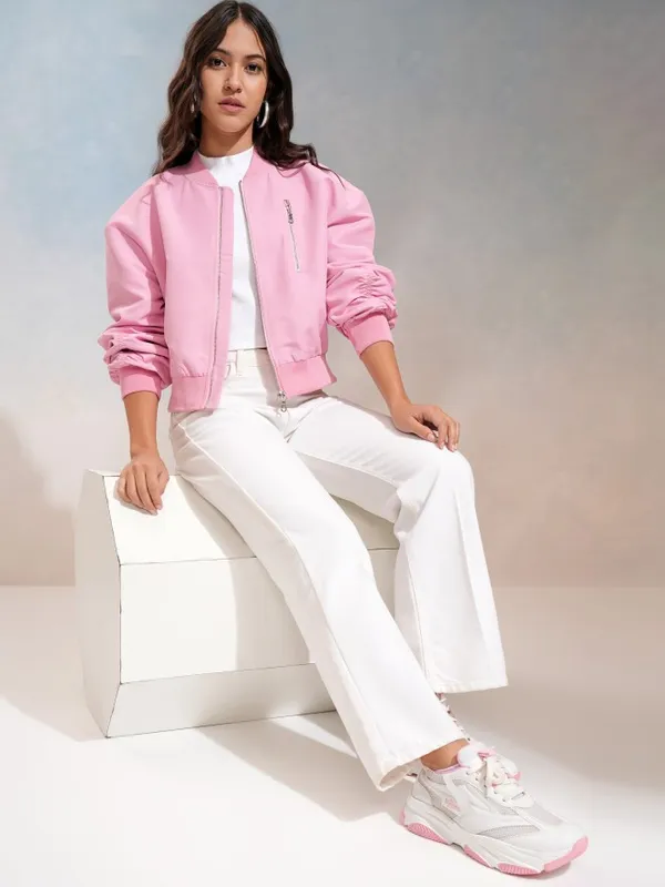 Tokyo Talkies Women Pink Bomber Jacket
