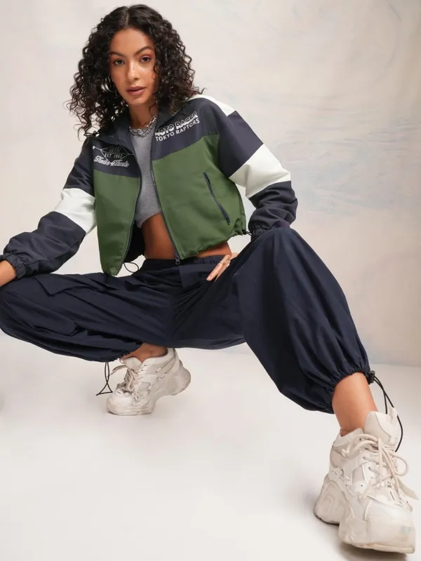 Tokyo Talkies Women Navy Blue Bomber Jacket