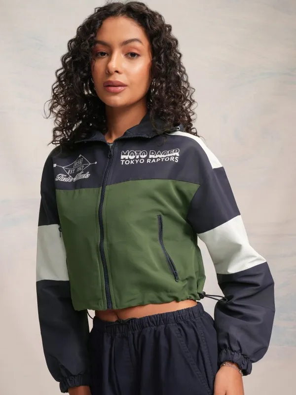 Tokyo Talkies Women Navy Blue Bomber Jacket