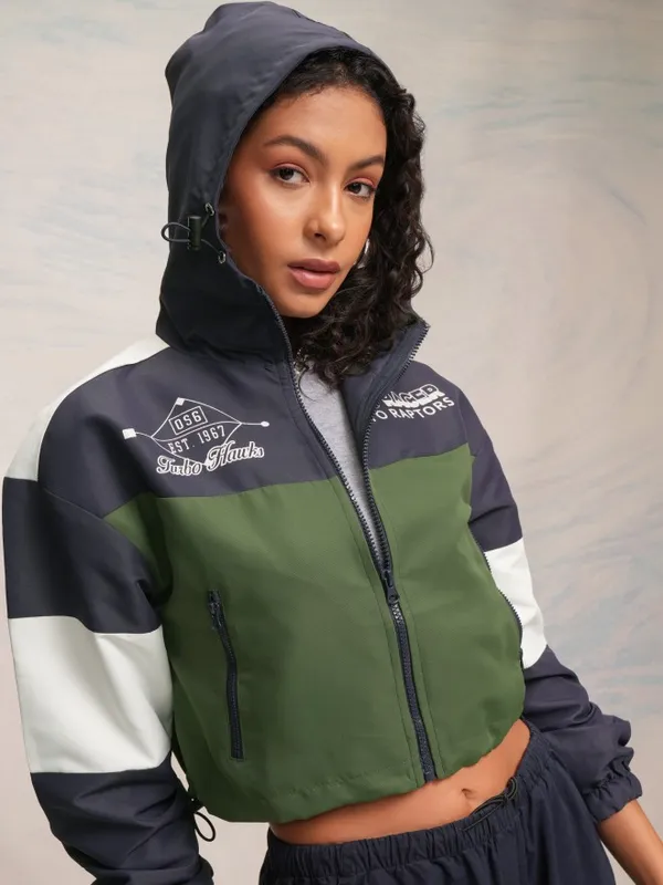 Tokyo Talkies Women Navy Blue Bomber Jacket