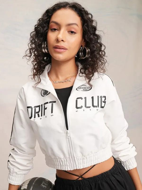 Tokyo Talkies Women White Bomber Jacket