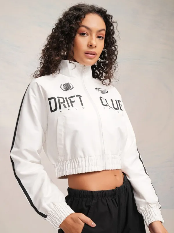 Tokyo Talkies Women White Bomber Jacket
