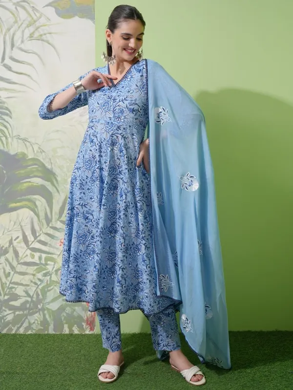 Vishudh Women Blue Printed Kurta With Trousers & Dupatta