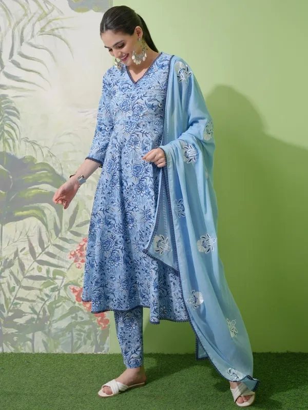 Vishudh Women Blue Printed Kurta With Trousers & Dupatta