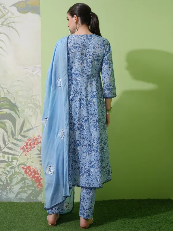 Vishudh Women Blue Printed Kurta With Trousers & Dupatta