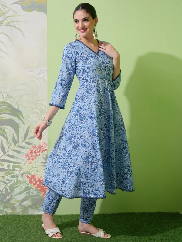 Vishudh Women Blue Printed Kurta With Trousers & Dupatta