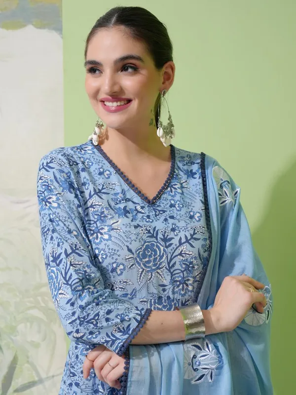 Vishudh Women Blue Printed Kurta With Trousers & Dupatta