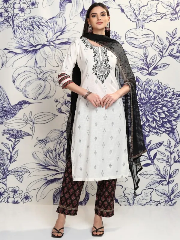 Vishudh Women Off White Printed Kurta With Trouser And Dupatta