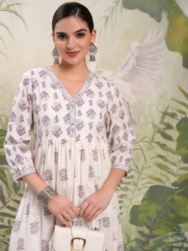 Vishudh Women Cream Printed A-Line Dress