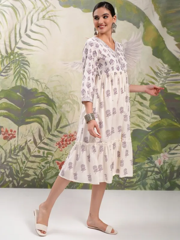Vishudh Women Cream Printed A-Line Dress
