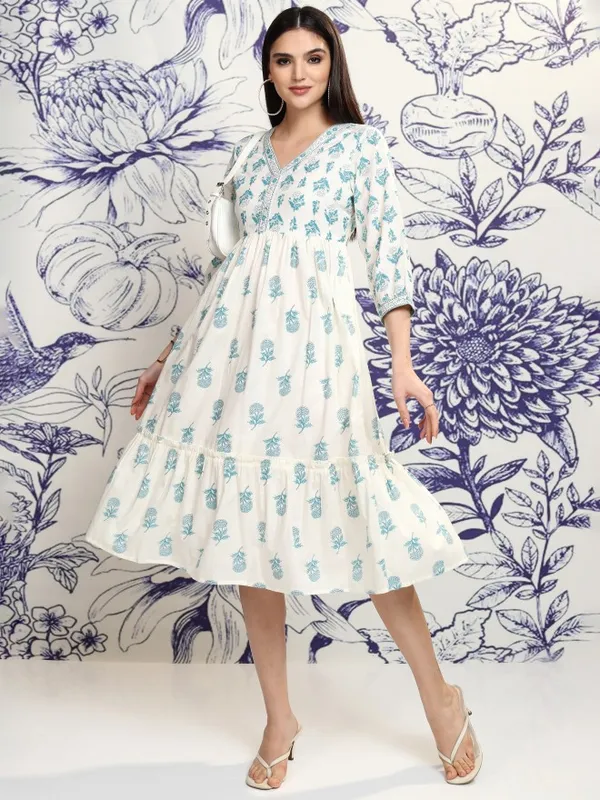 Vishudh Women Cream Printed A-Line Dress